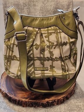 Vintage Nine West Y2K Olive & Cream Patterned Canvas Pleated Shoulder Bag